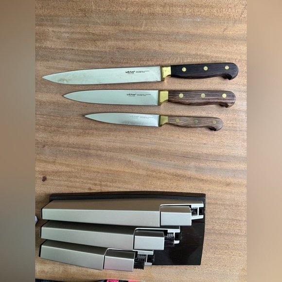 Vintage 1970’s Wiltshire Stay Sharp 3 Piece Knife Set Wood Brass Retro Kitchen - Picture 6 of 15